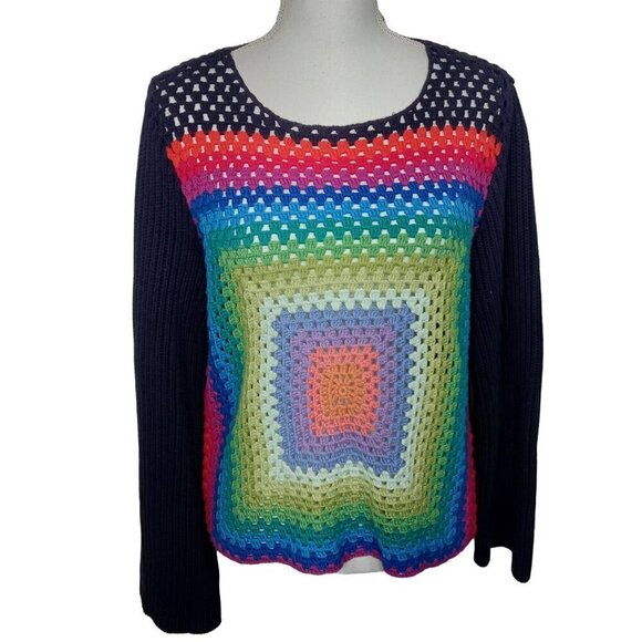 PISTOLA Claudine Crochet Pullover Sweater In Navy Rainbow Sz S EUC - Picture 1 of 6